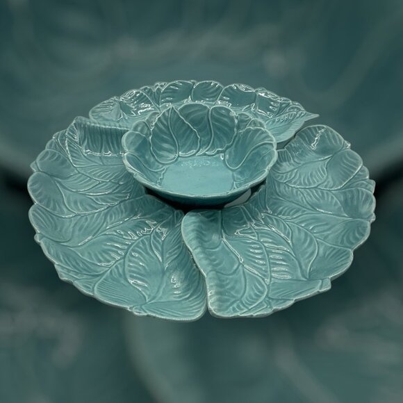 California Pottery 4 piece Turquoise Chip and Dip Set Made in USA MCM Serveware - Picture 15 of 15